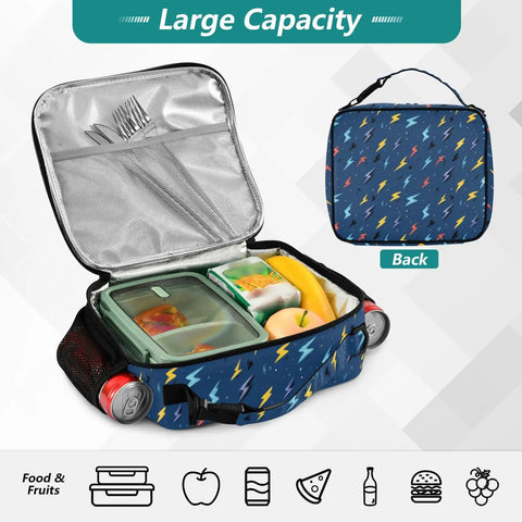 Lightning Bolts Insulated Lunch Bag Dark Blue For Kids And Adults Portable Cooler Tote With Shoulder Straps Keeps Meals Fresh All Day Big Main Compartment Plus Side Mesh Pockets For Drinks Perfect For School Office Travel open