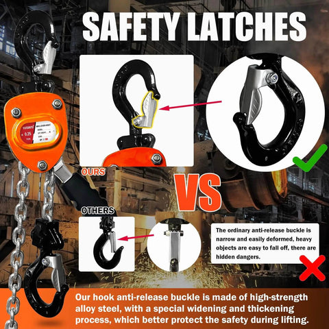 Comparison of safety latches on Mini Lever Chain Hoist With 550 Lbs Capacity And 5 Ft Lift Compact Come Along Winch for factory use