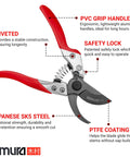 Pro Grade 8 Inch Bypass Pruning Shears With Japanese SK5 Steel Blades featuring PVC coated handles