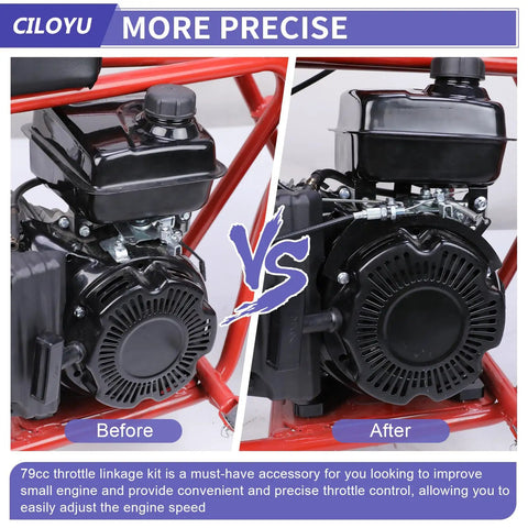 Before and after installation of Throttle Control Linkage Bracket Kit on Predator 79cc engine, highlighting improved precision and accuracy.