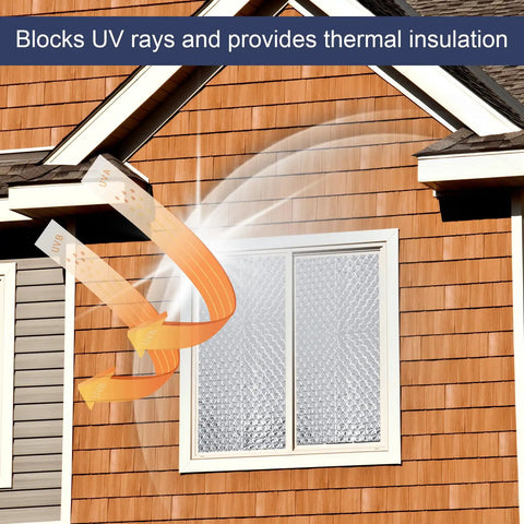 Heavy Duty Double Reflective Bubble Foil Insulation Roll, 23.6 In By 10 Ft applied to window, blocking UV rays for thermal insulation.
