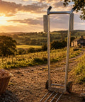 Manual Egg Cart Two Wheel Hand Truck With Sturdy Metal Frame And Black Grip Covers For Smooth Rolling And Easy Loading on farm path