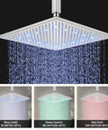 High Pressure Universal Rain Shower Head With LED Chrome Square Design 16 Inch Rainfall Waterfall Showerhead, blue LED lights
