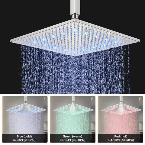 High Pressure Universal Rain Shower Head With LED Chrome Square Design 16 Inch Rainfall Waterfall Showerhead, blue LED lights