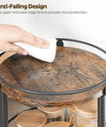 Close-up of Smooth Two Tier Lazy Susan Rotating Spice Rack in rustic brown, being cleaned, highlighting anti-falling design.