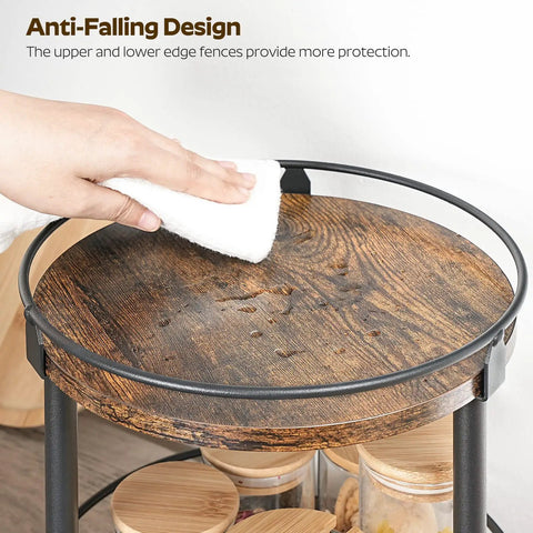 Close-up of Smooth Two Tier Lazy Susan Rotating Spice Rack in rustic brown, being cleaned, highlighting anti-falling design.