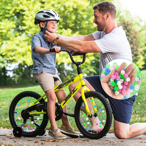 Father helping son with helmet, Glow In The Dark Bike Spoke Beads Set For Kids, 144 colorful plastic round beads on bicycle spokes.