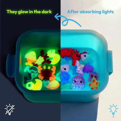 Glow In The Dark Water Gel Kit For Kids with sea creature molds glowing and non-glowing in blue container after light exposure.