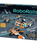 RoboRails Monorail Robot Kit With Gyro Drive And Ball Bearing Balancing System box, showing kit contents and track design.