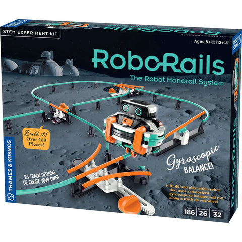 RoboRails Monorail Robot Kit With Gyro Drive And Ball Bearing Balancing System box, showing kit contents and track design.
