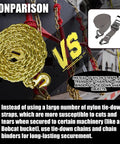 G80 Transport Chain 5 By 16 Inch By 20 Feet With Clevis Grab Hooks rolled up next to nylon strap comparison, zinc yellow finish.