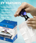 Blue box of pre-moistened lens wipes, pack of 100, individually wrapped; person wipes sunglasses.