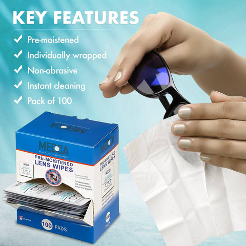 Blue box of pre-moistened lens wipes, pack of 100, individually wrapped; person wipes sunglasses.