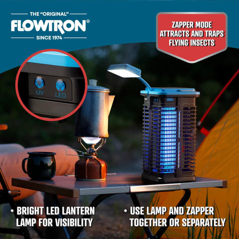 Two In One Solar Powered Bug Zapper With UV Light And LED Lamp on a table at a campsite with portable lighting feature.