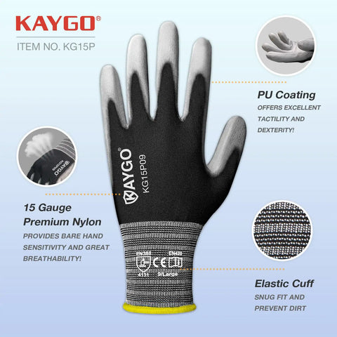 Ultra Thin PU Coated Safety Work Gloves With Breathable Nylon Knit For All Day Comfort, High Dexterity Grippy Anti Slip Grip, Light Duty Gloves For Precision, Warehouse DIY And Electronics, 12 Pairs Large Gray