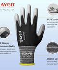 PU Coated Work Gloves For Light Duty Tasks, Breathable Nylon Knit With Ultra Thin Dexterity, showing glove features.