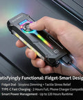 Ultra Flat Stainless Steel EDC Flashlight With 1800 Lumens USB C Rechargeable Pocket Light in hand, showing RGB lights and control dial.