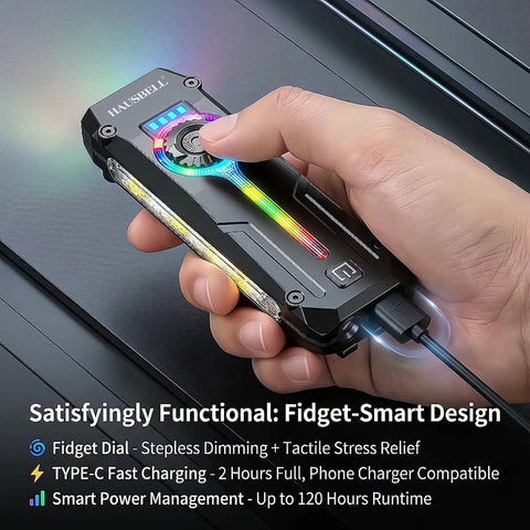 Ultra Flat Stainless Steel EDC Flashlight With 1800 Lumens USB C Rechargeable Pocket Light in hand, showing RGB lights and control dial.
