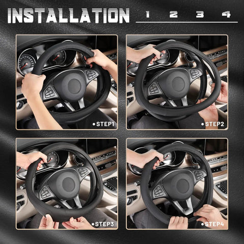 Premium Black Microfiber Leather Steering Wheel Cover For Cars And Trucks Super Soft Anti Slip Grip Easy Peasy Install demonstration steps.