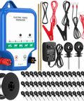 All In One Beefed Up Electric Fence Kit For Livestock Control with charger, insulators, wire, and accessories, Classic Blue Version.