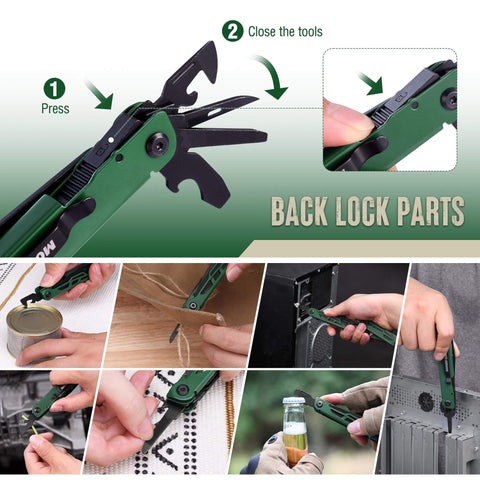 CNC Machined Multitool Pliers 27 In 1 EDC Tool used for multiple tasks, showing pocket knife, bottle opener, screwdriver features.