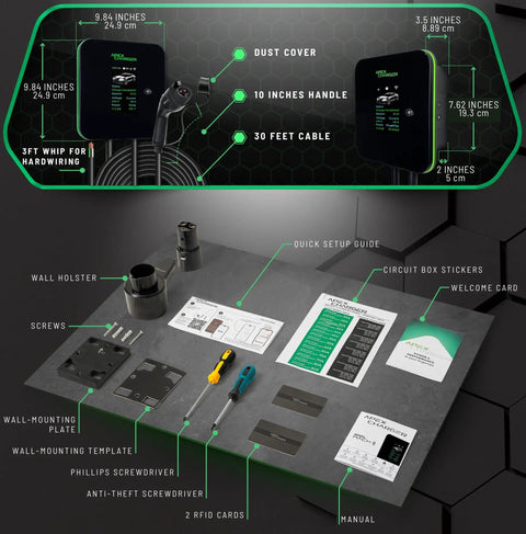Beefy Hardwired Level 2 Electric Vehicle Charging Station with components, tools, and installation guides on a black surface.