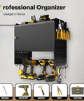 Power Tool Organizer With Charging Station And Cabinet Pro Grade Heavy Duty Metal Wall Mount Rack For Workshop 4 Drill Holders And 4 Outlet Power Strip Pegboard Ready Garage Storage Solution front view