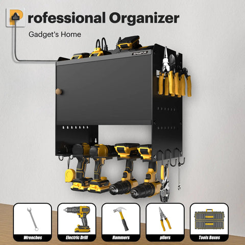 Power Tool Organizer With Charging Station And Cabinet Pro Grade Heavy Duty Metal Wall Mount Rack For Workshop 4 Drill Holders And 4 Outlet Power Strip Pegboard Ready Garage Storage Solution front view