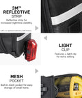 Aero Wedge Pack With Fixer F25 Large showing reflective strip, light clip, and mesh pocket for road and mountain bikes.