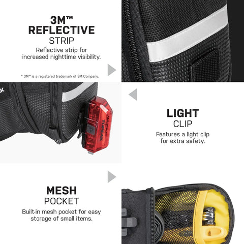 Aero Wedge Pack With Fixer F25 Large showing reflective strip, light clip, and mesh pocket for road and mountain bikes.