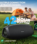 Front view of Monster Bass 120W Outdoor Bluetooth Speaker Boombox with IPX6 waterproof build and 42-hour playtime in a park setting.