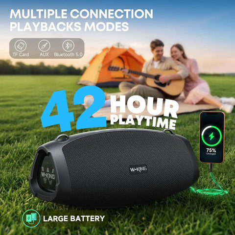 Front view of Monster Bass 120W Outdoor Bluetooth Speaker Boombox with IPX6 waterproof build and 42-hour playtime in a park setting.