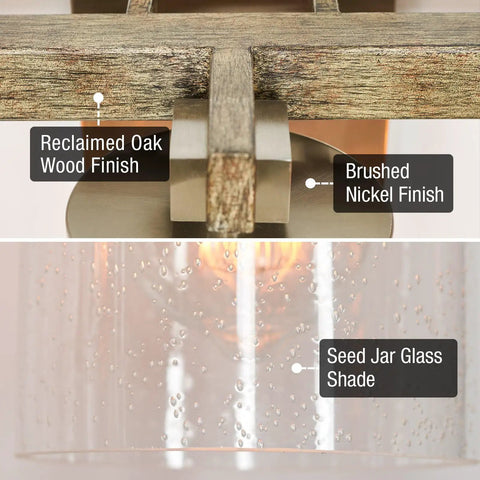 Close-up of Farmhouse Vanity Light With Seeded Glass Cylinders, Three Light Fixture in Reclaimed Oak Wood and Brushed Nickel Finish