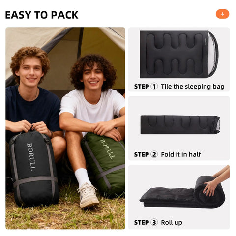 Oversized Double Sleeping Bag For Two Adults Queen Size With Two Pillows Built For Camping shown packed and rolled up