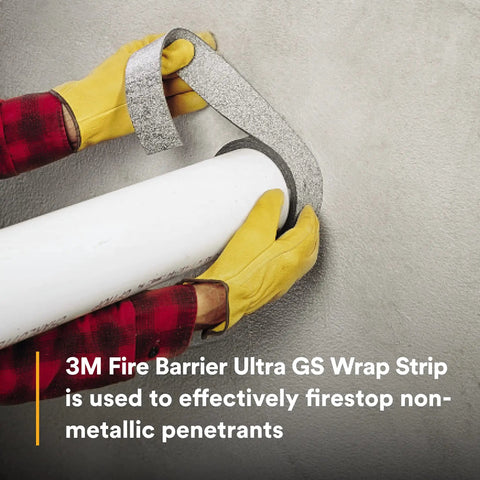 Hands applying Graphite Based Intumescent Fire Barrier Wrap Strip 2 Inch By 40 Foot Flexible Firestop around pipe.