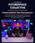 Person in a tech-themed room showcasing Galaxy Star Projector For Bedroom With Replaceable Optical Film Discs, box on table.