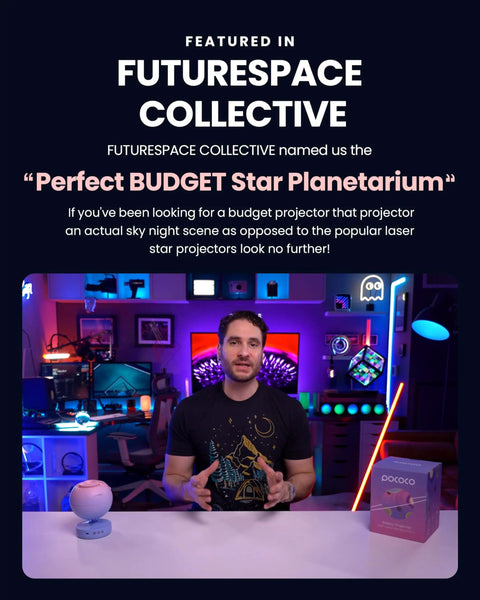 Person in a tech-themed room showcasing Galaxy Star Projector For Bedroom With Replaceable Optical Film Discs, box on table.