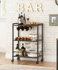Slick 3 Tier Rolling Bar Cart With Ultra Smooth Swivel Wheels Rustic Brown Finish Includes Double Wine Rack And Stemware Holder Heavy Duty Serving Station Kickback Ready Couch Lounges Home Bars with wine bottles and glassware.