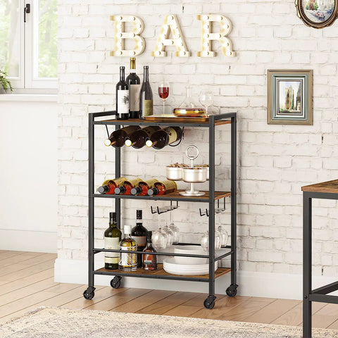 Slick 3 Tier Rolling Bar Cart With Ultra Smooth Swivel Wheels Rustic Brown Finish Includes Double Wine Rack And Stemware Holder Heavy Duty Serving Station Kickback Ready Couch Lounges Home Bars with wine bottles and glassware.
