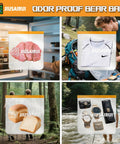 Odor Proof Bear Bags For Food Backpacking 3 Pack Reusable Bear Proof Storage with various items inside, showcasing versatility outdoors.