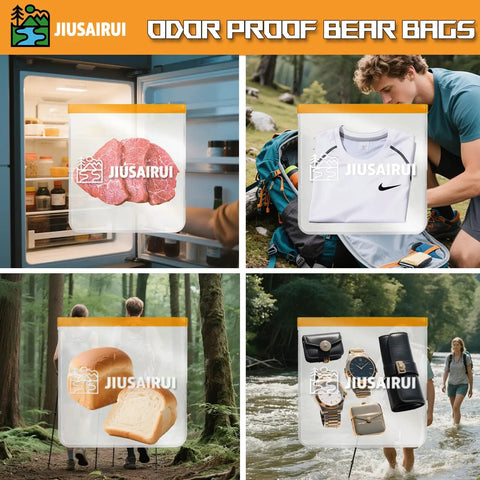 Odor Proof Bear Bags For Food Backpacking 3 Pack Reusable Bear Proof Storage with various items inside, showcasing versatility outdoors.