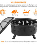 Round 30 Inch Fire Pit For Outdoor Wood Burning With Spark Screen And Poker Celestial Stars And Moon Cutouts