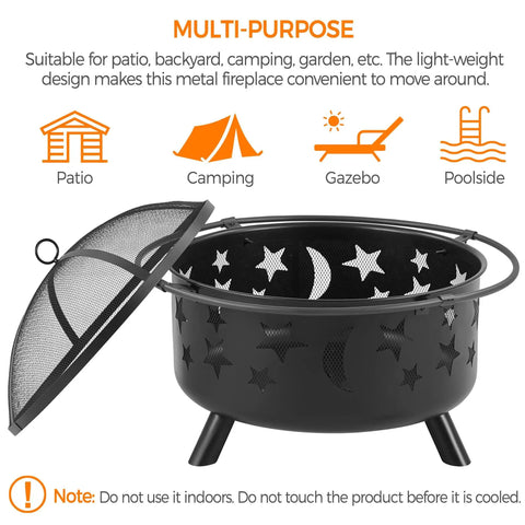 Round 30 Inch Fire Pit For Outdoor Wood Burning With Spark Screen And Poker Celestial Stars And Moon Cutouts