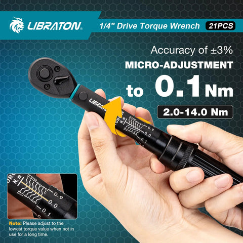 Hands adjusting Bike Torque Wrench One Quarter Inch Drive Five To Twenty Five Newton Meters Micro Click Set