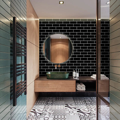 Bathroom with Dope Brick Pattern Peel And Stick Wallpaper Vinyl Roll Self Adhesive For Kitchen Subway Plaid Modern Tile Look, black walls.