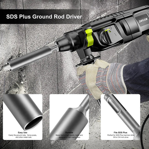 SDS Plus hammer drill with Ground Rod Driver for 5/8 to 3/4 inch rods, solid steel, rust-resistant, easy to use, on concrete wall