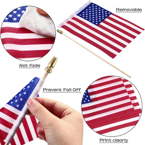 Details of 100 Pack Small American Flags On Sticks 5 X 8 Inch Mini Handheld for 4th of July showing durability and design features
