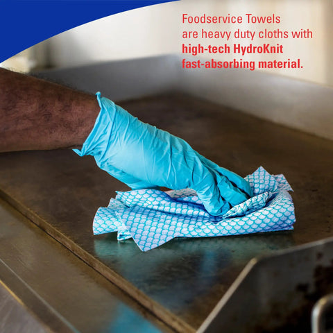Gloved hand cleaning grill with CriticalClean High Capacity Heavy Duty Foodservice Cloths Quarterfold Towels Blue 300 Sheets Per Box Durable Absorbent Kitchen Cleaning Wipes For Busy Restaurants And Cafes Pro Grade Quality