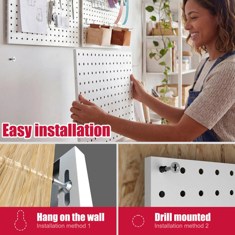 Metal Pegboard Organizer Set 4 Pack White Wall Pegboards With 50 Hooks And Baskets Built Tough For Office Craft Room Garage Sewing Room 300 Lb Capacity Rust Free No Sag Mounting System installation guide showing woman mounting pegboard.