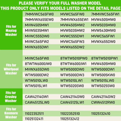 Model compatibility chart for Upgraded W11130362 Washer Suspension Rod Kit Fits Whirlpool Maytag Machines.